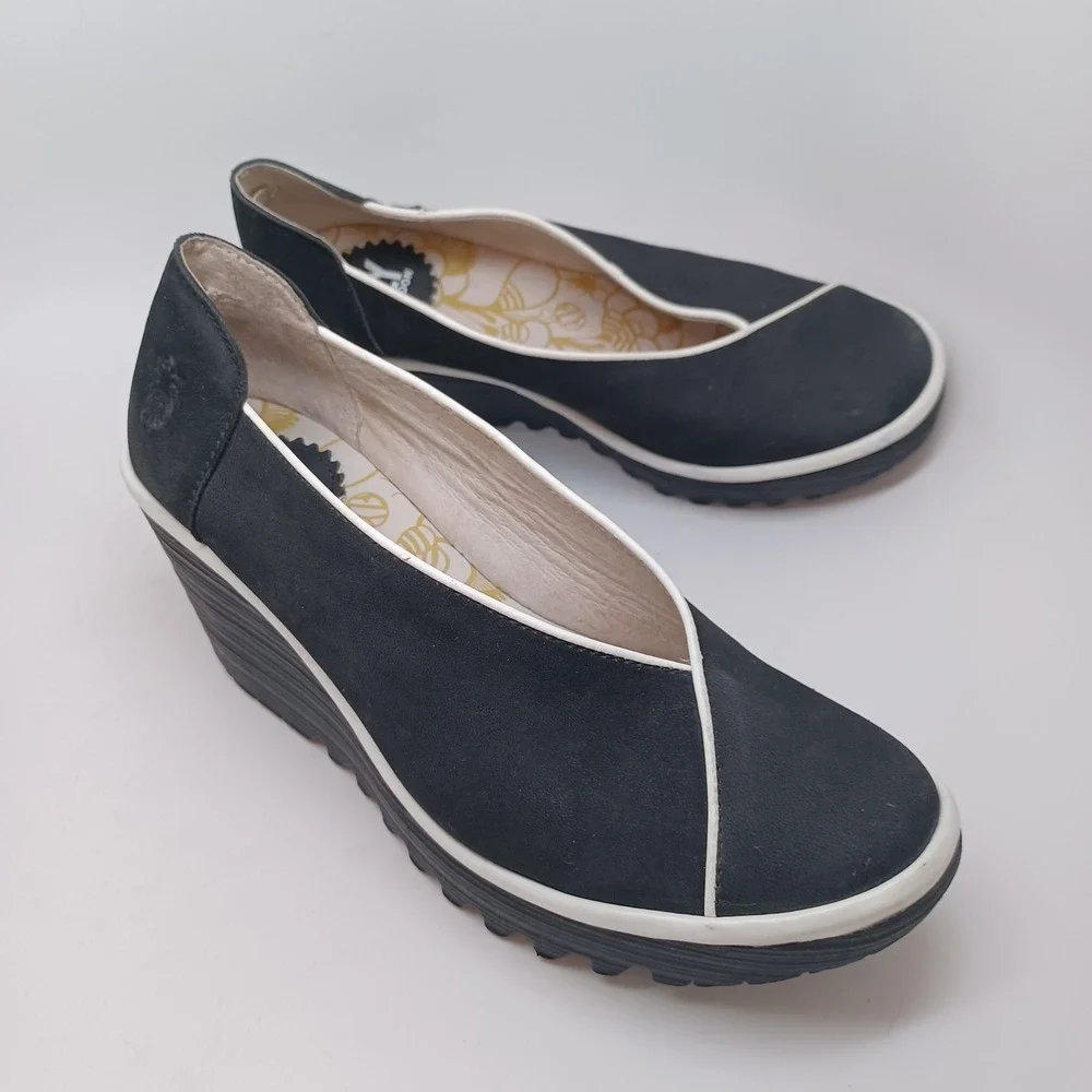Fly London Black Nubuck Leather Asymmetrical Wedge Platform Pumps 38 or 7